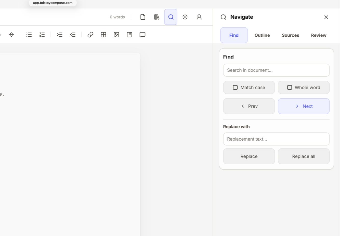 Tolstoy Compose navigate panel with find and replace tools for working through long documents