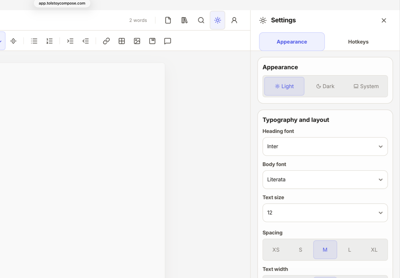 Tolstoy Compose settings panel with appearance, font, text size, spacing and text width controls